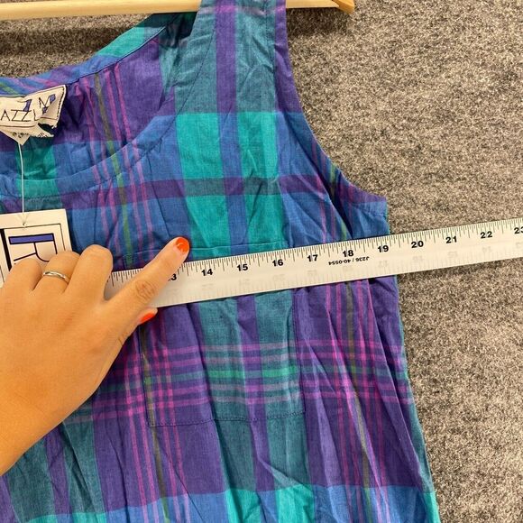 New Pazzle Blouse Women L Large Blue Plaid Sleeveless Wide Strap Round Neck - Picture 8 of 10